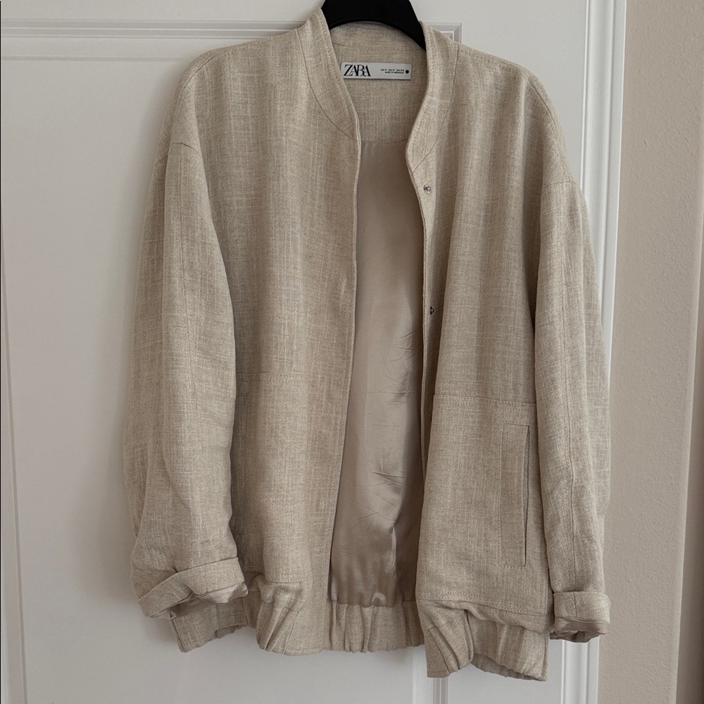 Zara Beige Linen-Blend Bomber Jacket